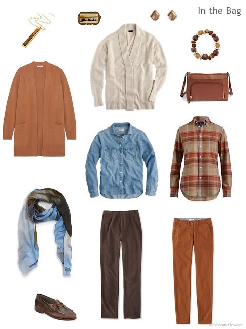 Six-pack travel capsule wardrobe in rust, brown and denim blue