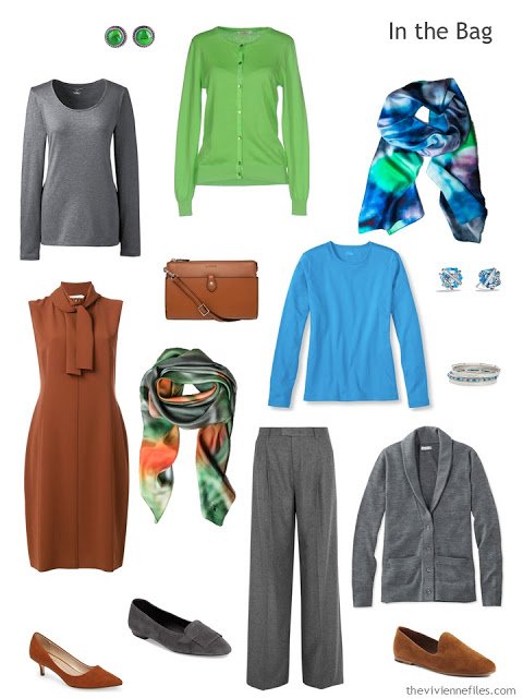 a six-pack travel capsule wardrobe in rust, grey, blue and green