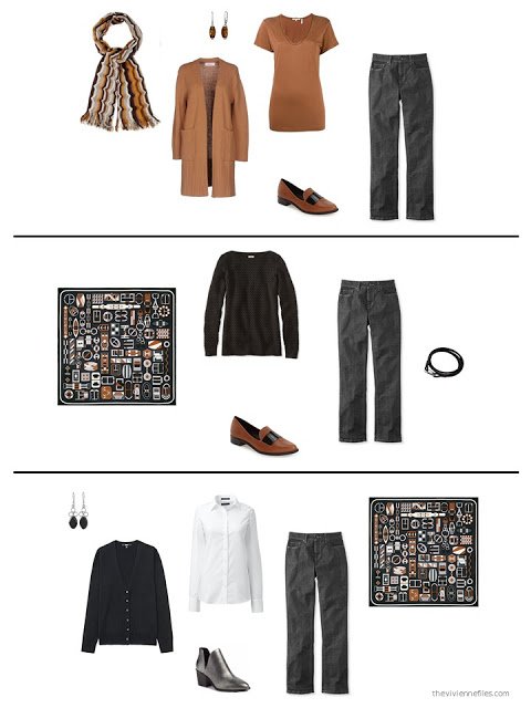 three outfits from a black, white, grey and brown capsule wardrobe