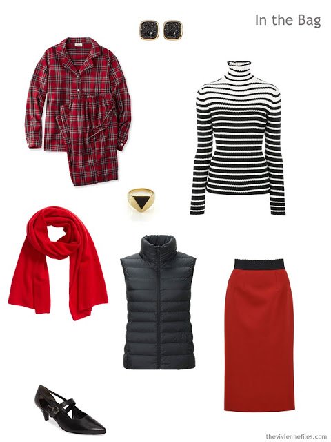 tiny travel capsule wardrobe in black, white and red