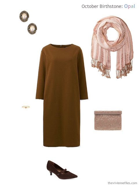 brown dress with rose opal jewelry and rose accessories