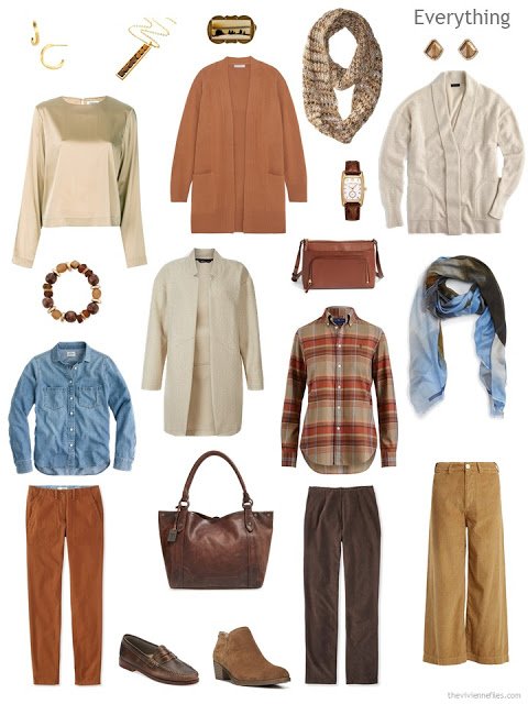 9-piece travel capsule wardrobe for cool weather in ivory, camel, rust and brown with denim blue 