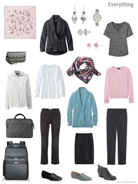 a three by three business travel capsule wardrobe in charcoal grey, white, soft teal and pink