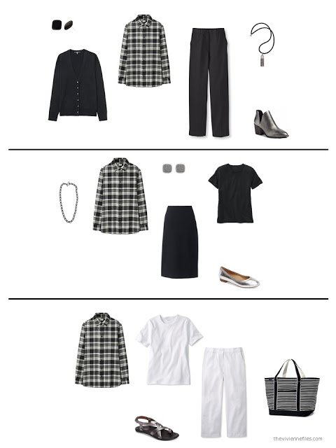 three outfits from a black, white, grey and brown capsule wardrobe