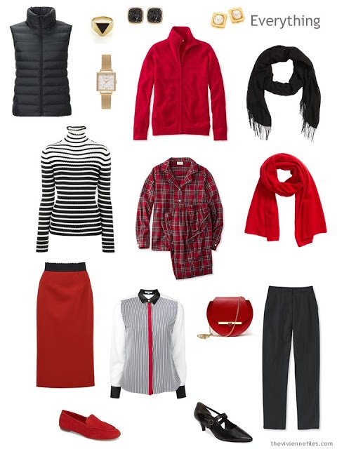 tiny travel capsule wardrobe in black, white and red