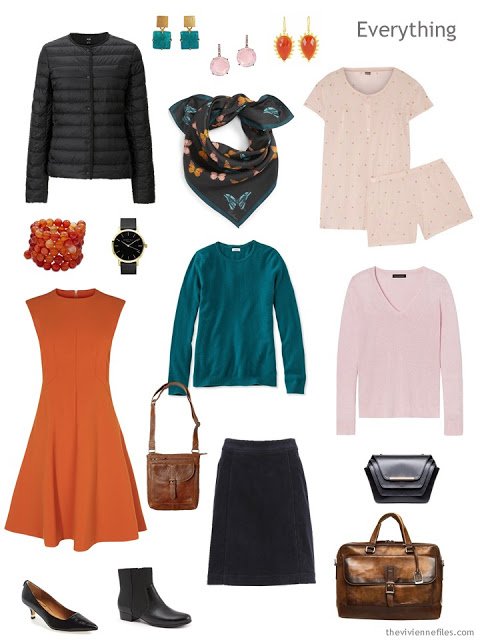 tiny travel capsule wardrobe for cool weather in black, teal, orange and pink