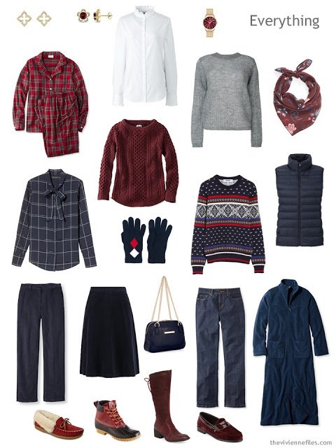 autumn travel capsule wardrobe in navy, burgundy and grey