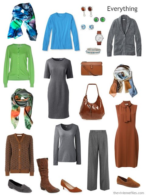 a travel capsule wardrobe in rust, grey, blue and green