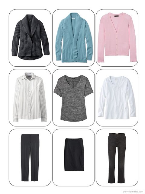 The 3 by 3 view of a business travel wardrobe in charcoal grey, soft teal, pink and white