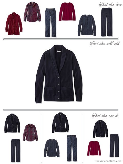 adding a navy cardigan to a capsule wardrobe in red and navy, for cool weather