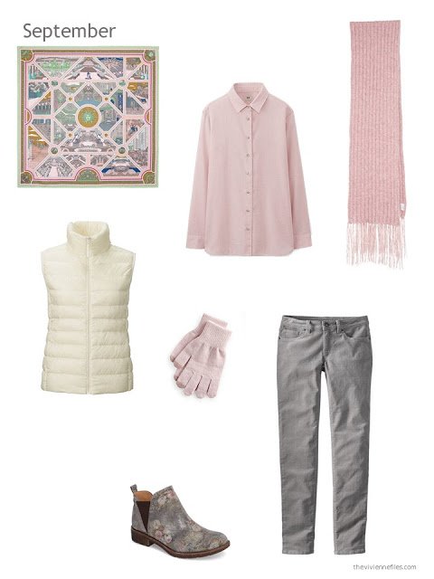 a fall and winter outfit in cream, pink and grey