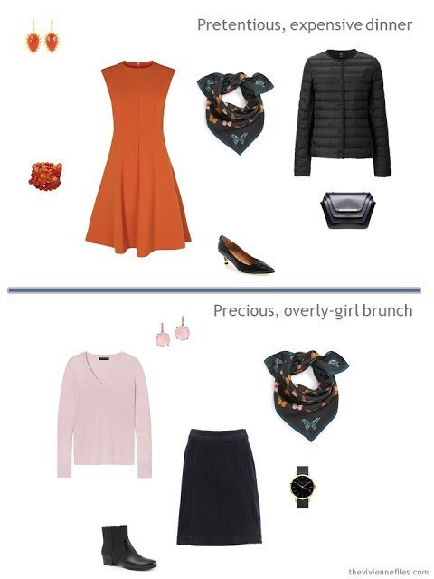 two outfits from a tiny travel capsule wardrobe in black, teal, orange and pink