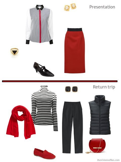 two outfits from a tiny travel capsule wardrobe in black, white and red