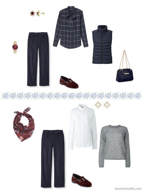 two ways to wear navy corduroy pants from a travel capsule wardrobe