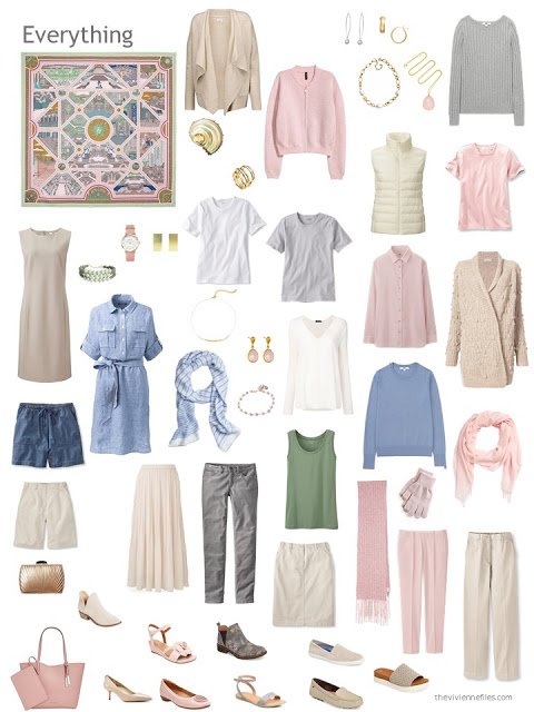 a capsule wardrobe in beige, grey, pink and light blue