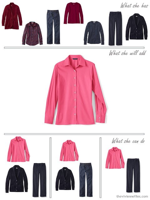 adding a hot pink shirt to a capsule wardrobe in red and navy, for cool weather