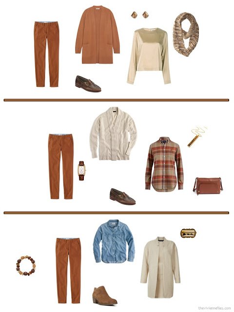 three ways to wear rust pants from a cool weather travel capsule wardrobe