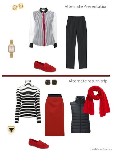 two outfits from a tiny travel capsule wardrobe in black, white and red