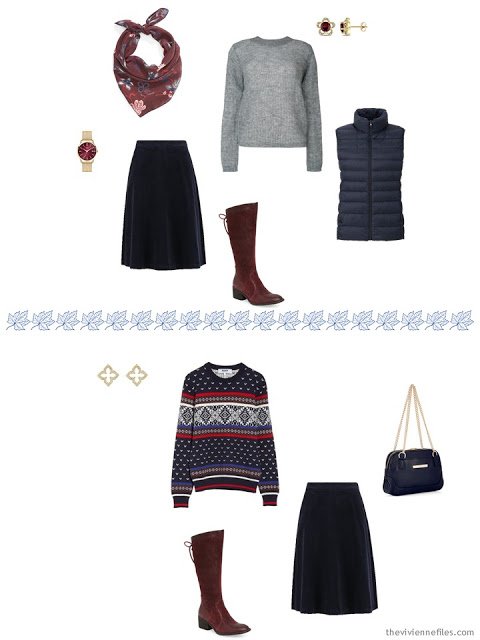 three ways to wear a navy corduroy skirt from a travel capsule wardrobe