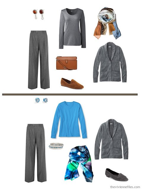 2 ways to style grey pants and a grey cardigan from a business travel capsule wardrobe