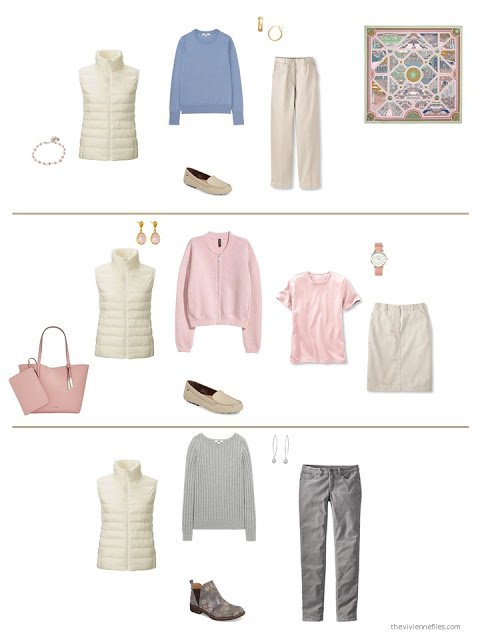three outfits from a beige, pink and grey capsule wardrobe