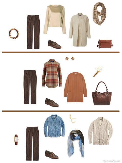 three ways to style brown corduroy pants in an autumn travel capsule wardrobe