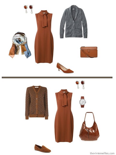 2 ways to style a rust dress from a business travel capsule wardrobe