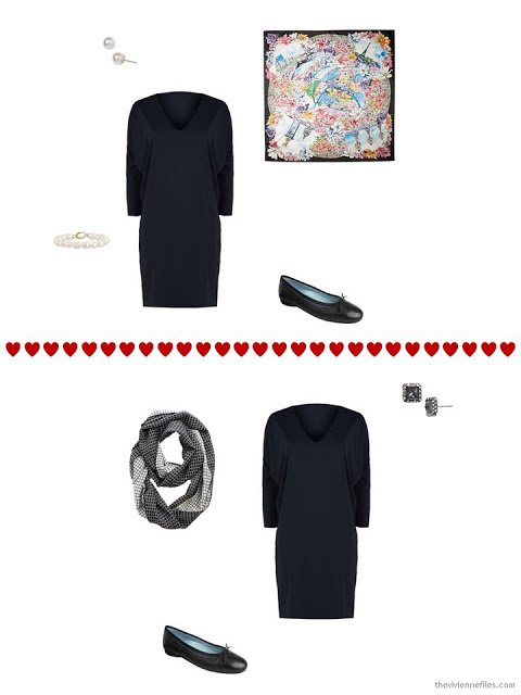 two ways to wear a simple black dress from a travel capsule wardrobe