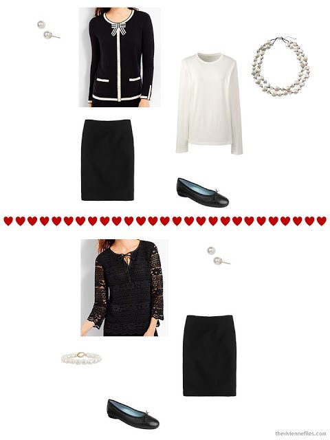 two Talbots tops work with a simple black skirt from a travel capsule wardrobe