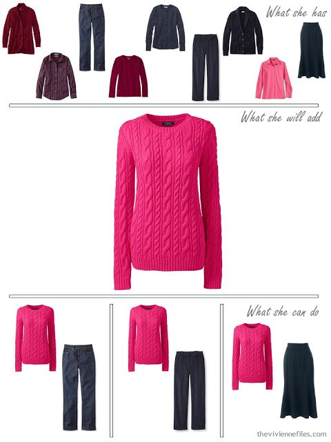 adding a hot pink sweater to a capsule wardrobe in red and navy, for cool weather