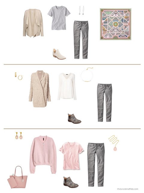 three outfits from a beige, pink and grey capsule wardrobe