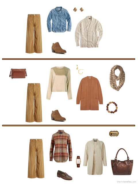 three ways to wear camel corduroy trousers from an autumn travel capsule wardrobe