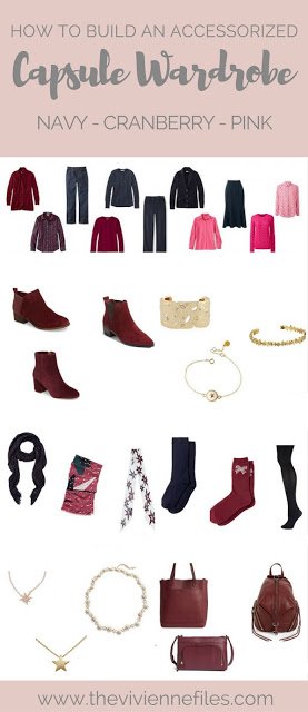 How to accessorize a fall capsule wardrobe in a navy, cranberry, and pink color pallet