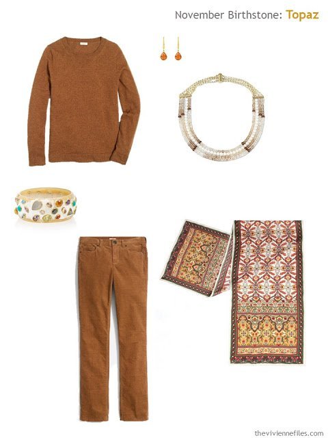 a rust outfit with citrine and topaz accessories