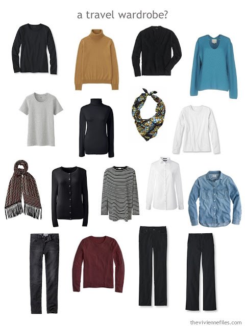 a travel capsule wardrobe in black and white with accents of mustard yellow, muted turquoise and wine