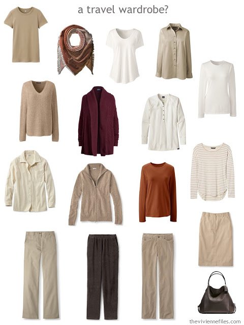 a travel capsule wardrobe in soft, warm neutral with autumn-colored accents