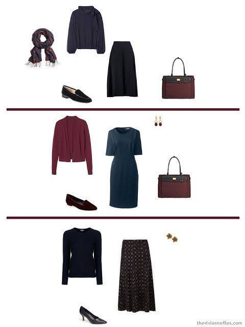 three options from a navy-based capsule wardrobe with accents of rose, burgundy, blue and green