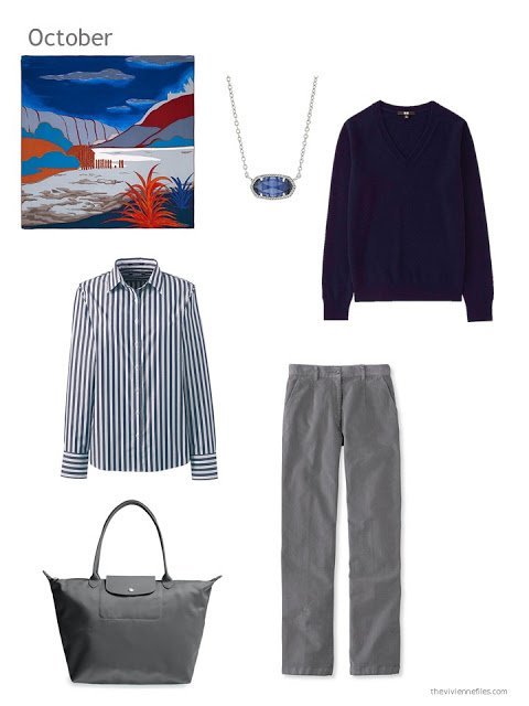 a cool-weather outfit in navy and grey, based upon an Hermes scarf