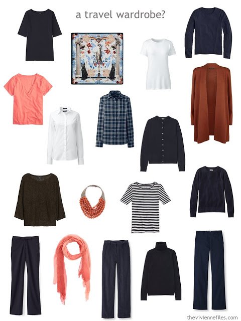 a travel capsule wardrobe based on A Common Wardrobe in navy and white, with accents of russet, coral and brown