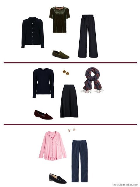 three options from a navy-based capsule wardrobe with accents of rose, burgundy, blue and green