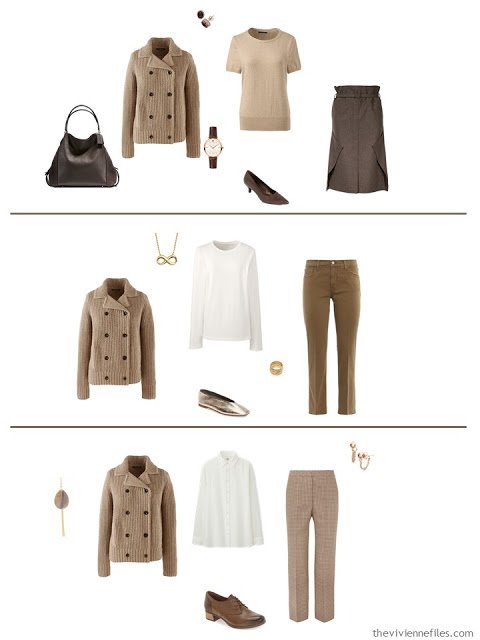 3 ways to wear a camel cardigan jacket from a work capsule wardrobe in shades of brown