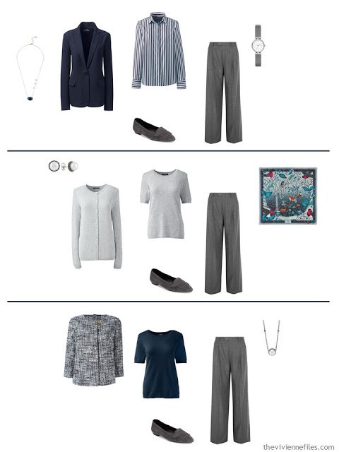 three ways to wear grey pants in a work capsule wardrobe