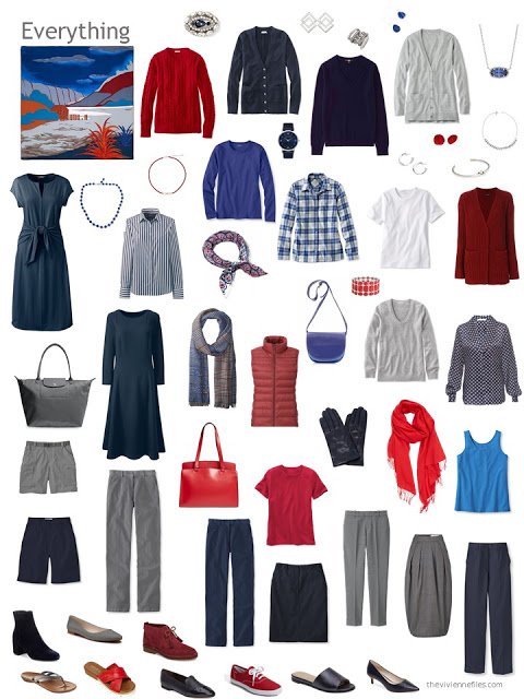capsule wardrobe in navy and grey with shades of red and blue