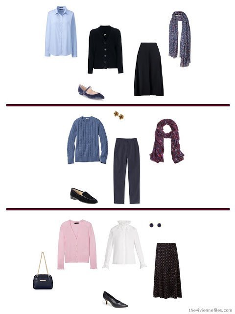 three options from a navy-based capsule wardrobe with accents of rose, burgundy, blue and green