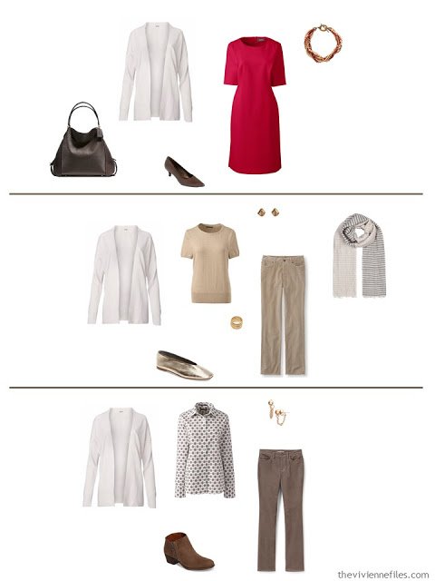 3 ways to wear an ivory cardigan from a work capsule wardrobe in shades of brown