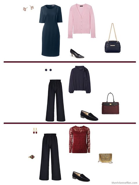 three options from a navy-based capsule wardrobe with accents of rose, burgundy, blue and green