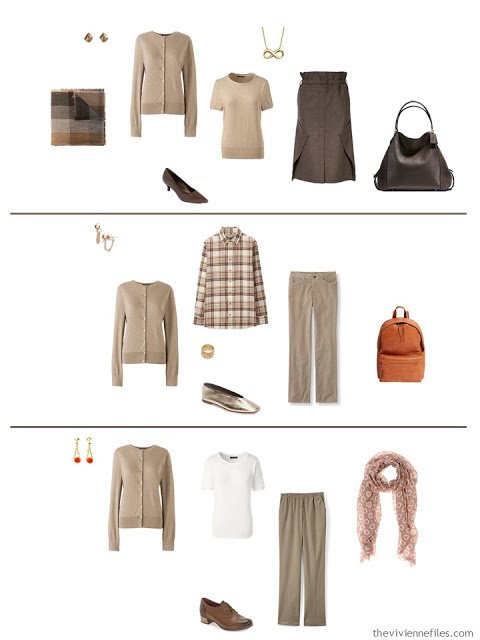 3 ways to wear a classic camel cardigan from a work capsule wardrobe in shades of brown
