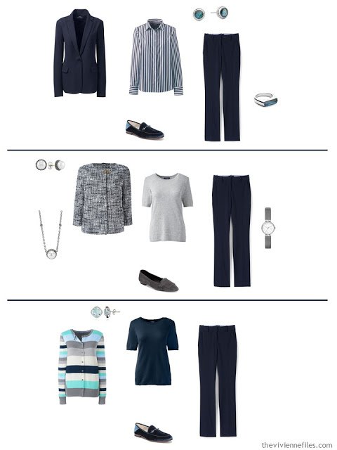 three ways to wear navy pants in a work capsule wardrobe