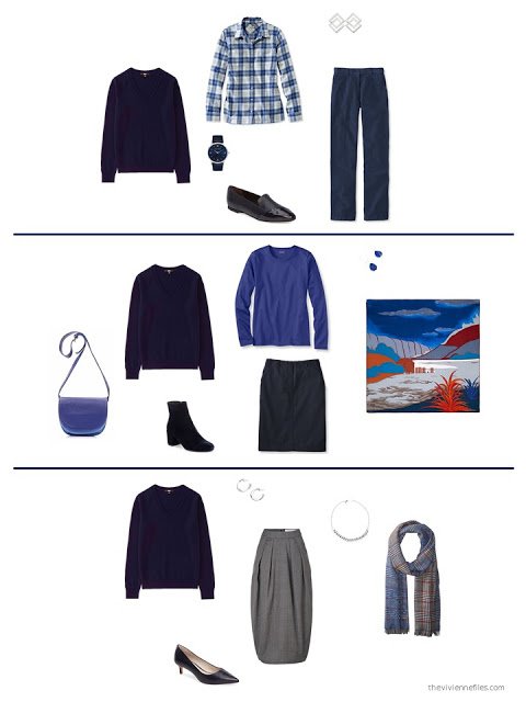 three ways to wear a navy cashmere v-neck sweater from a capsule wardrobe