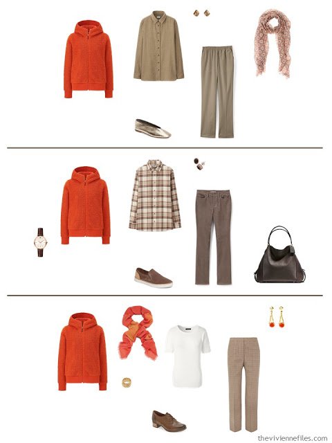 3 ways to wear an orange fluffy jacket from a work capsule wardrobe in shades of brown